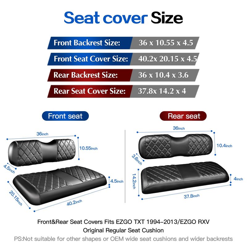 NOKINS 4PCS Golf Cart Diamond Seat Covers Kit,Front and Rear Seat Covers for Club Car Precedent/EZGO TXT/Yamaha Original Regular Seat Cushion (Black&Black Stitching, Fit EZGO TXT 1994-2013)