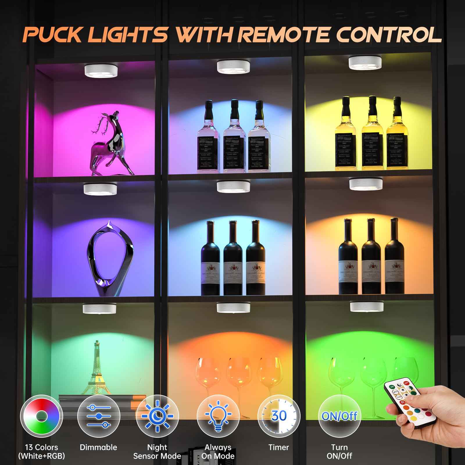 3PCS Motion Sensor Step Light, Wireless Rechargeable Puck Lights with Remote, Under Cabinet Lights with 3 Colors&RGB, Magnet Stick on Light for Closet, Hallway, Stairway, Bathroom, Bedroom, Kitchen