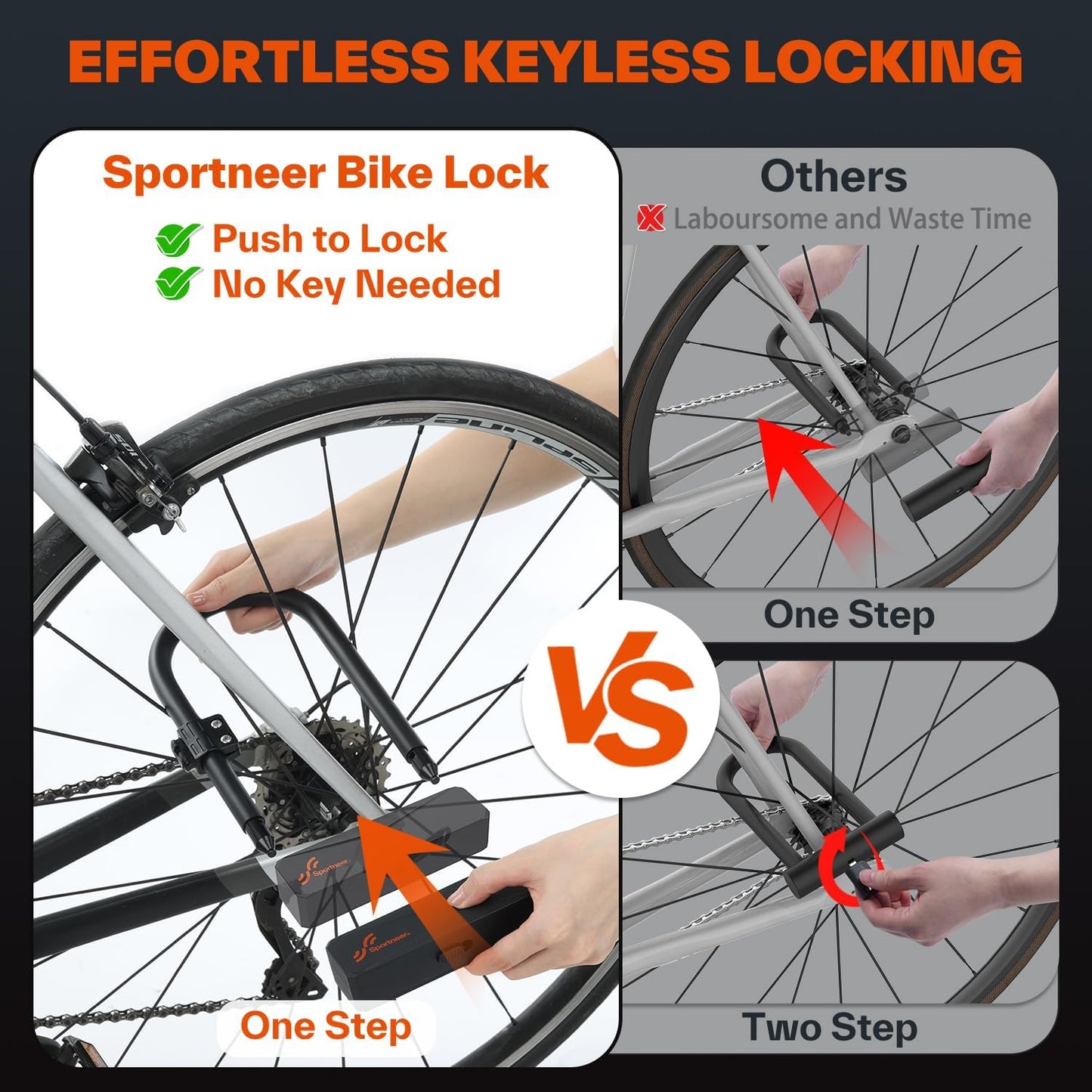 Sportneer Bike Lock - Heavy Duty 16mm Anti-Theft U-Lock with 3 Keys & Sturdy Mounting Bracket | 8.7''x5.9''