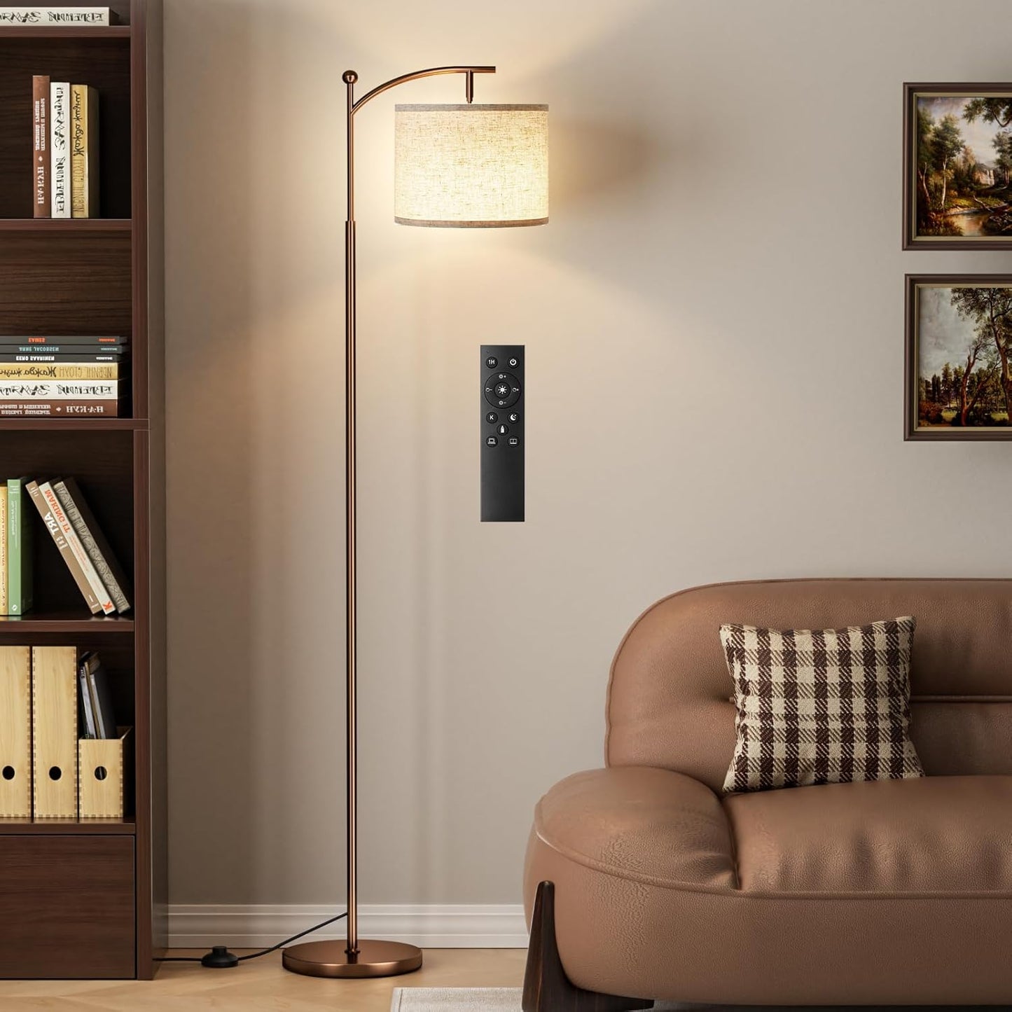 Modern 60" Floor Lamp with Remote Control & Dimmable LED Bulb - Beige Shade, Adjustable Brightness for Living Room