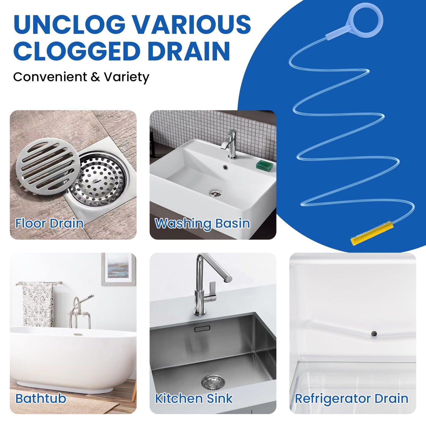 MILYARD 4 Pcs Drain Snake Hair Clog Remover Tool, 50 Inch & 30 Inch Blue Nylon Coated Ring, Anti-Break Flexible Metal Plumbing Snake Tool for Bathroom Sink, Tub, Shower