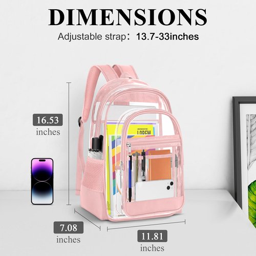 KIMNERPU Clear Backpack, Heavy Duty PVC Transparent Backpack with Reinforced Straps, See Through Multiple Pockets Large Capacity Bookbag for Concert Sport Event Work Security Travel Festival (Pink)