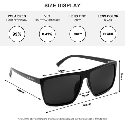 FUOFEN Light Weight Rectangular Polarized Sports Sunglasses with nose pads for Men Women Cycling Driving Fishing UV400 Protection Black sunnies