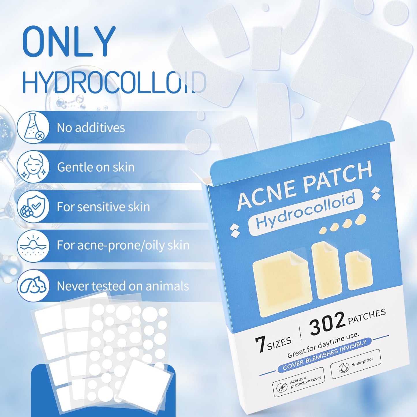 Large Pimple Patches for Face, 7 Sizes XL Acne Patches Big Hydrocolloid Bandages for Body, Chin, Forehead, Chest, Back Zit Breakouts (Strip, Square, Round 302 Count)