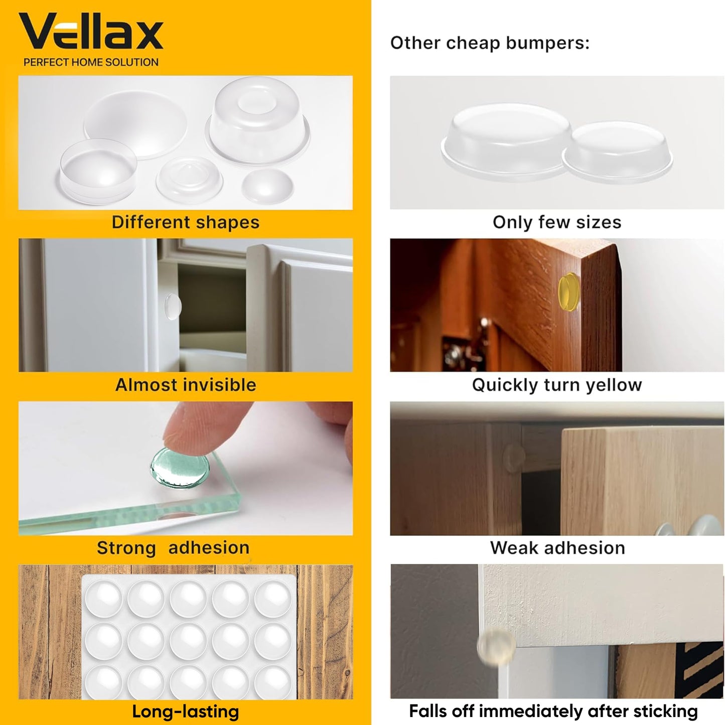 74 Clear Silicone Bumpers & Wall Protectors – 5‑Shape Self‑Adhesive Pads for Cabinets, Doors, Drawers & Furniture – Noise Dampening & Surface Protection by Vellax