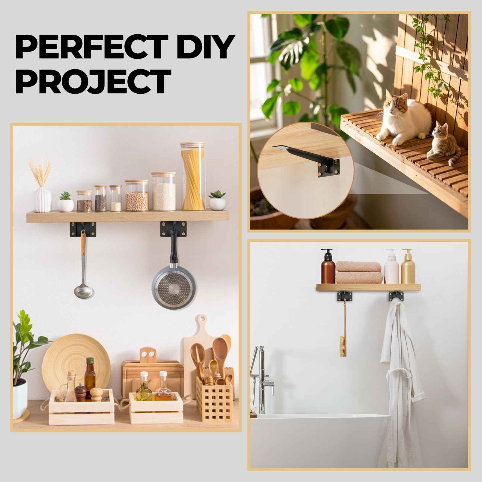 Matutinus Heavy Duty Shelf Brackets 16 Inch, 1500 lbs Capacity, Hooks for Wall Mounted Shelves, L-Shaped Floating Shelf Brackets with Hanging (Black 2 Pack)