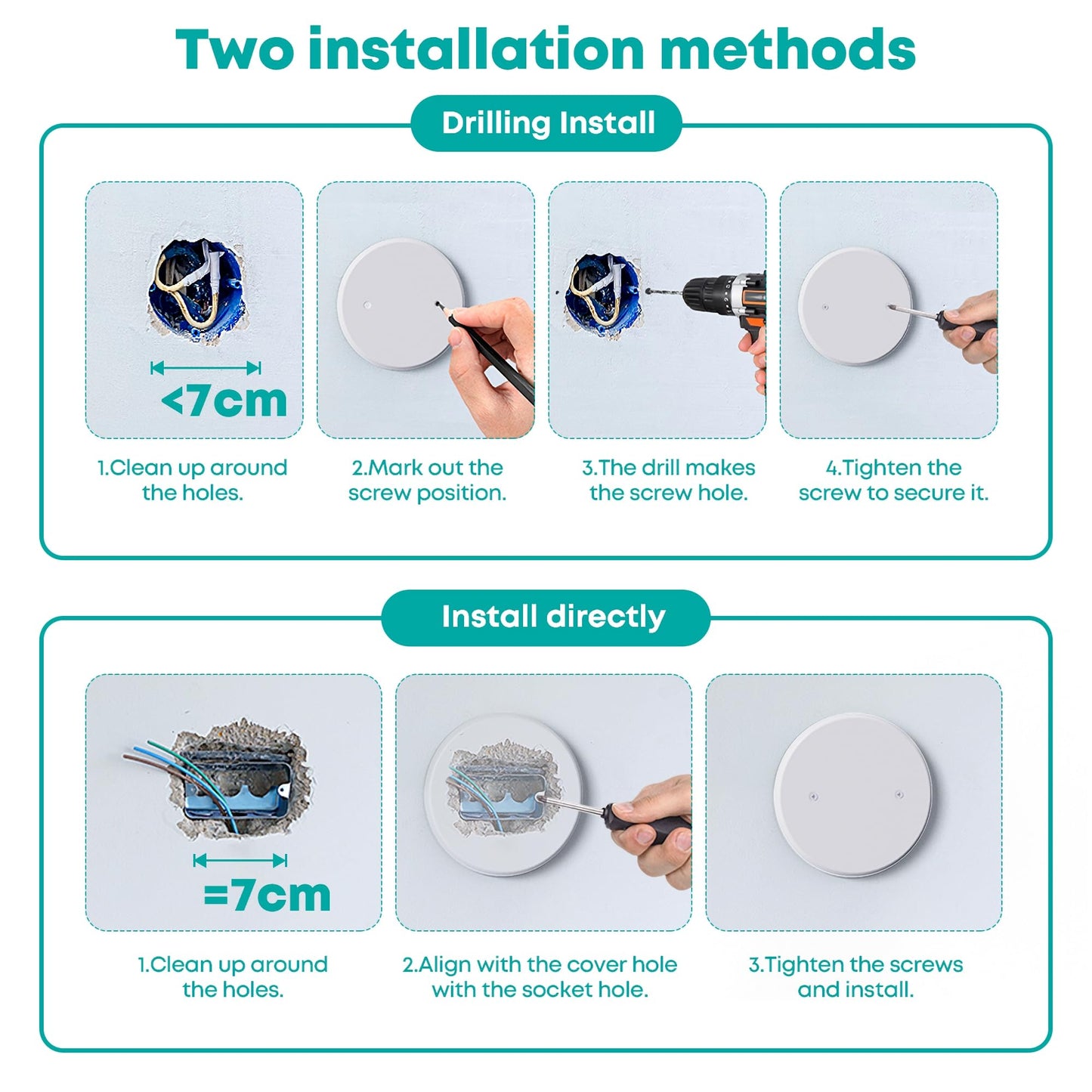 Wuno Shop 3-Pack Ceiling Cover Plate, 5 inch Round Outlet Covers Plate For 3-1/2 inch Electrical Box, Metal Blank Cleanout Cover Plate for Smoke Detector, Wall Light Hole, Hole Spacing 2.8 inch-White