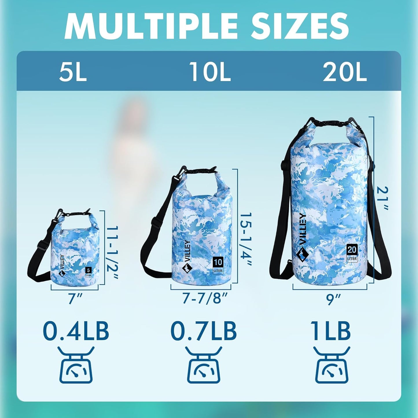VILLEY Waterproof Dry Bag - 10L Roll Top Backpack for Kayaking, Camping & Beach - Blue Camo