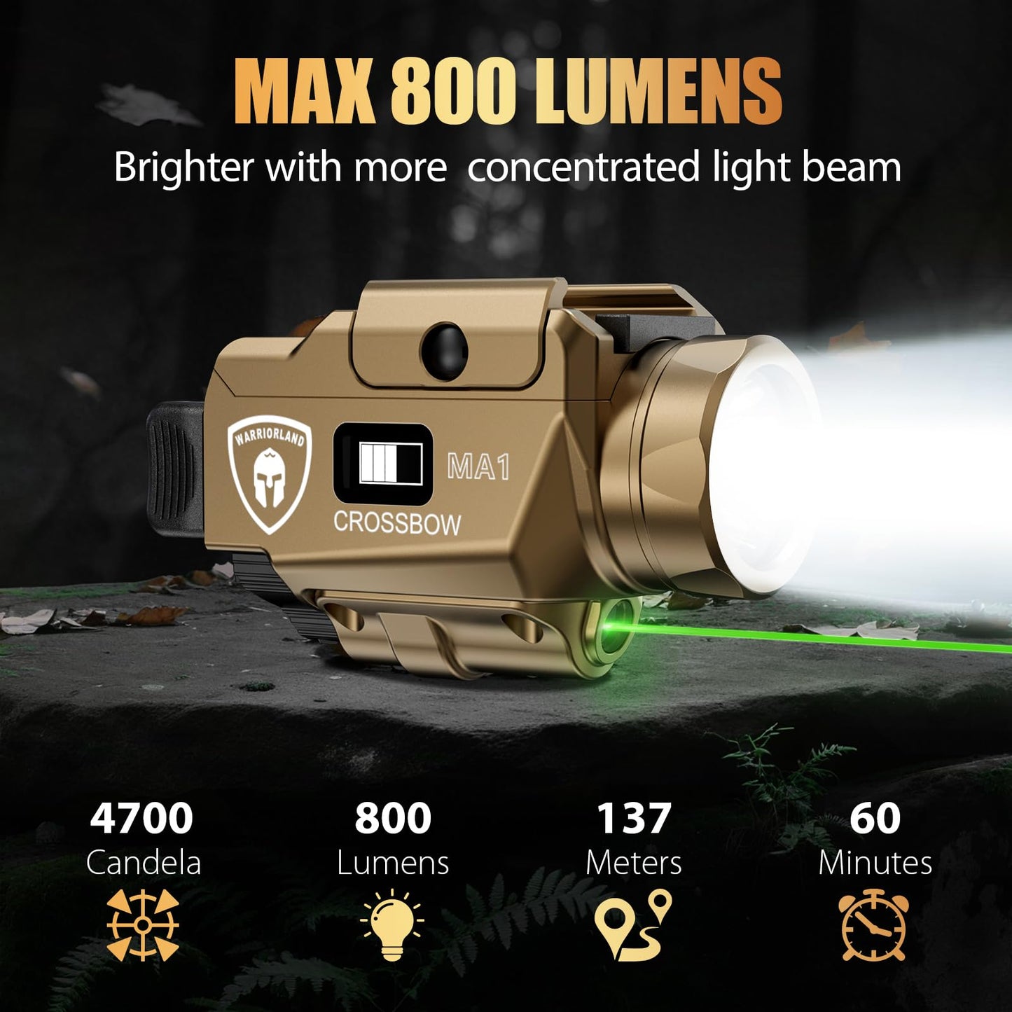 WARRIORLAND Compact MA1 800-Lumen Pistol Light FDE, Fits Glock 17/19 / 19X, P320/ Hellcat Pro/Echelon and Other 100+ Models, Green Laser White LED Combo, Tactical Flashlight with Battery Indicator