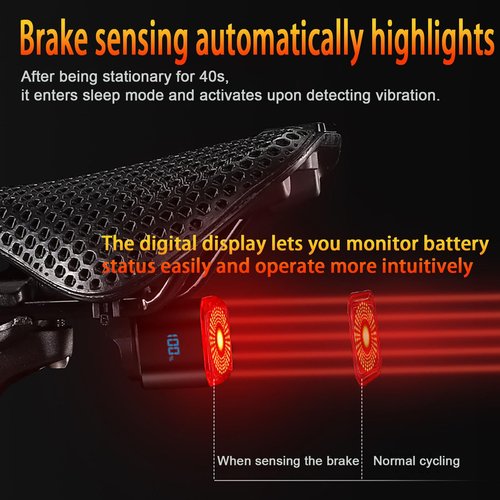 【2025 Upgraded Version】 Smart Bike Tail Light with Digital Battery Display, 6 Modes Auto Bike Brake Rear Light, Auto Sleep & Motion Activation, IPX6 Waterproof,USB-C Rechargeable LED Warning Light