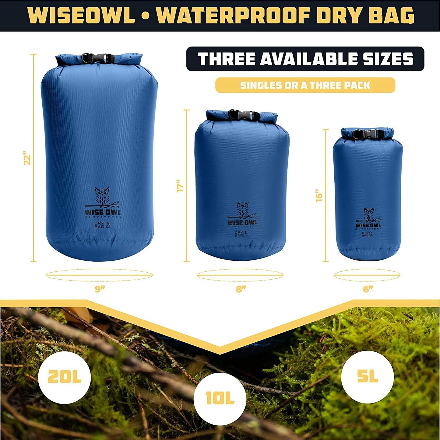 Wise Owl Outfitters Waterproof Dry Bag 3-Pack - Lightweight Airtight 5L/10L/20L for Kayaking, Travel & Hiking