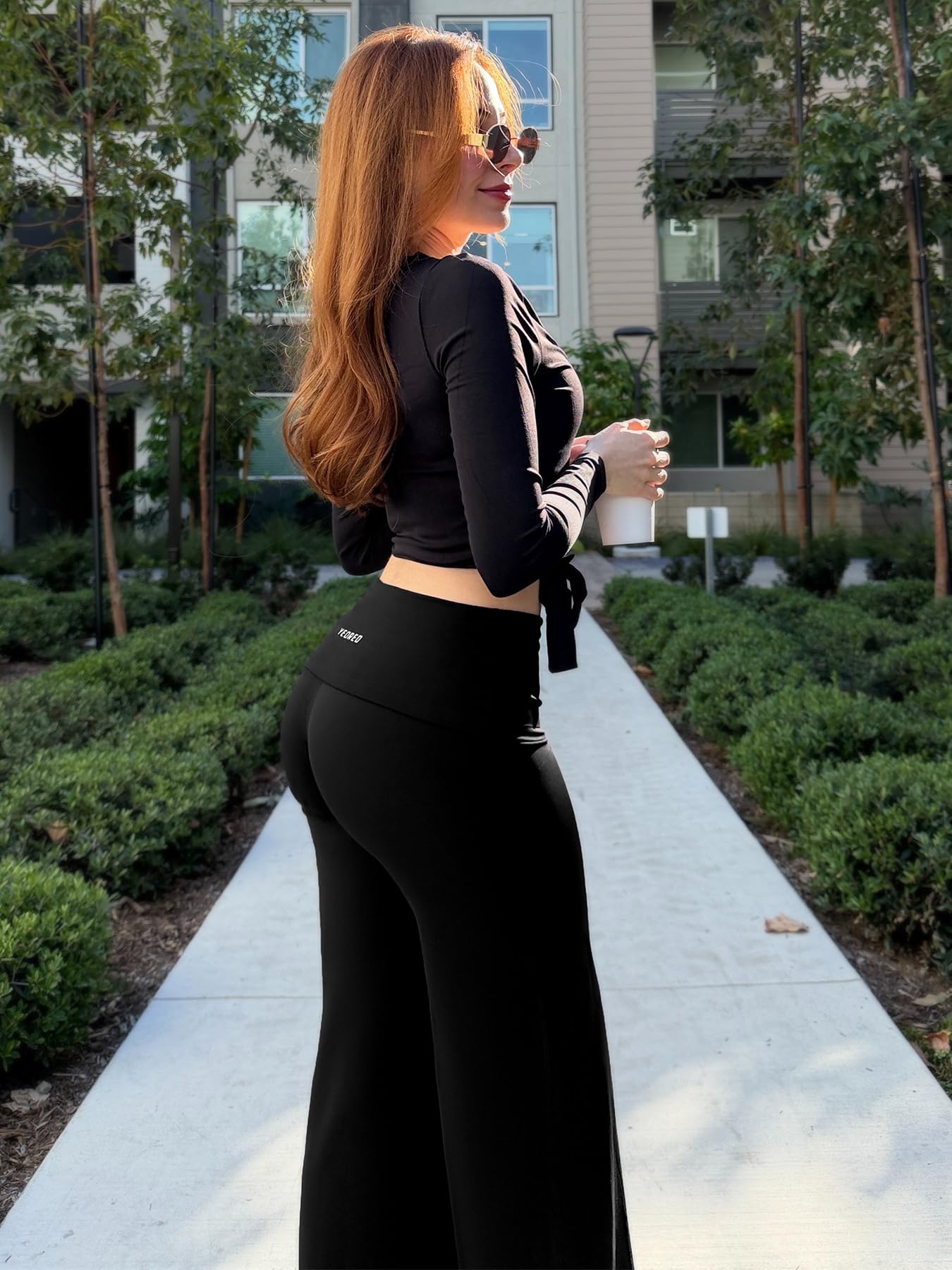 YEOREO SoftHue Straight Leg Leggings Women Fold Over Wide Leg Pants 31.5" Eddiy Casual Gym Workout Sweatpants Black M