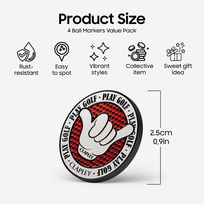 CLAPLEY GOLF Ball Markers, 0.9 Inch, Made from Stainless Steel and Oven-Cured Enamel; an Essential Accessory for Golfers, Eye-catching and Easy to Spot On The Green, Pack of 4