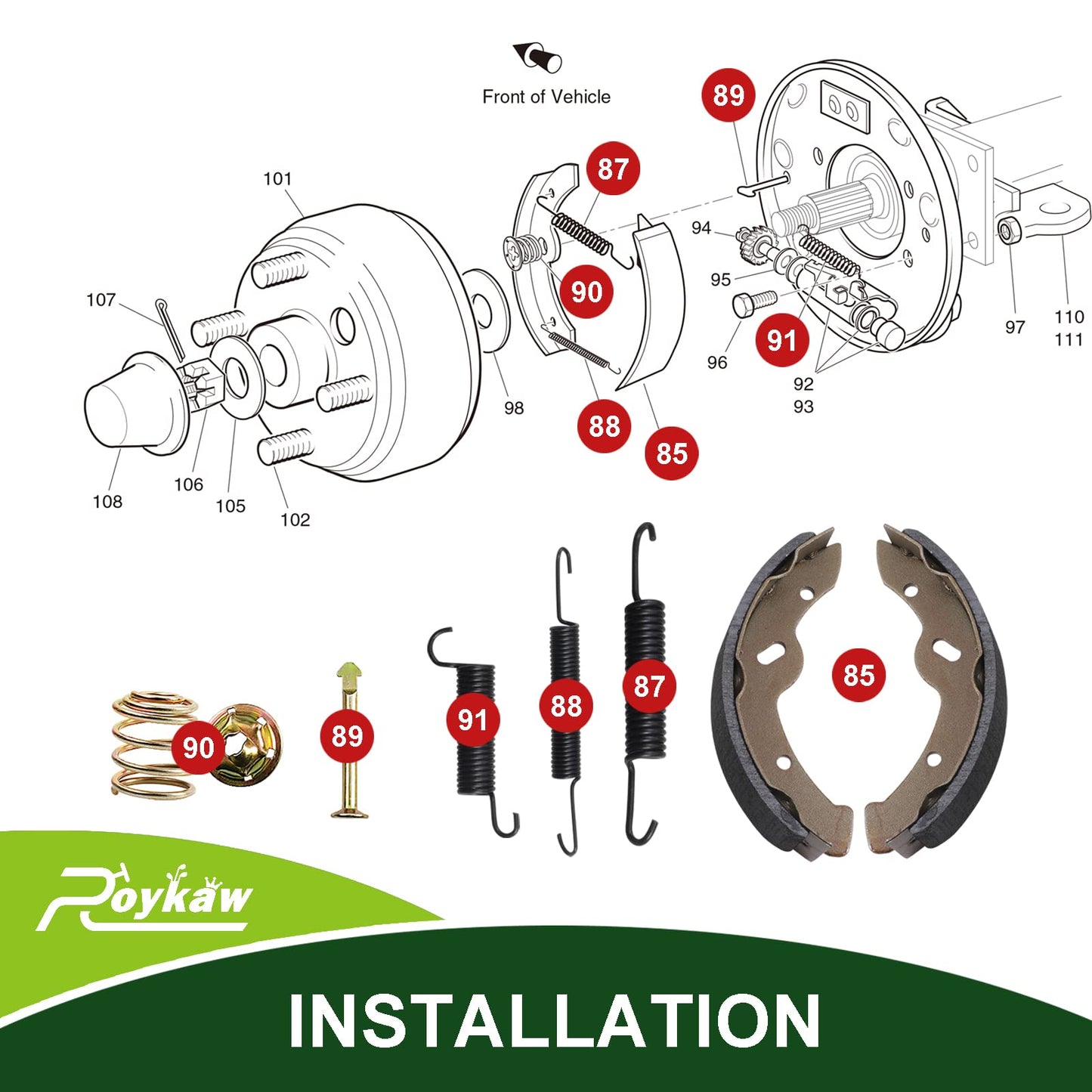 Roykaw Golf Cart Brake Shoes Pads and Springs Kit Compatible with EZGO 1996-Up TXT/ST350/Workhorse and Yamaha 1993-Up G14, G16, G19-G22 Models, Replaces OEM # 27943G01, 70794G01, 70795G01