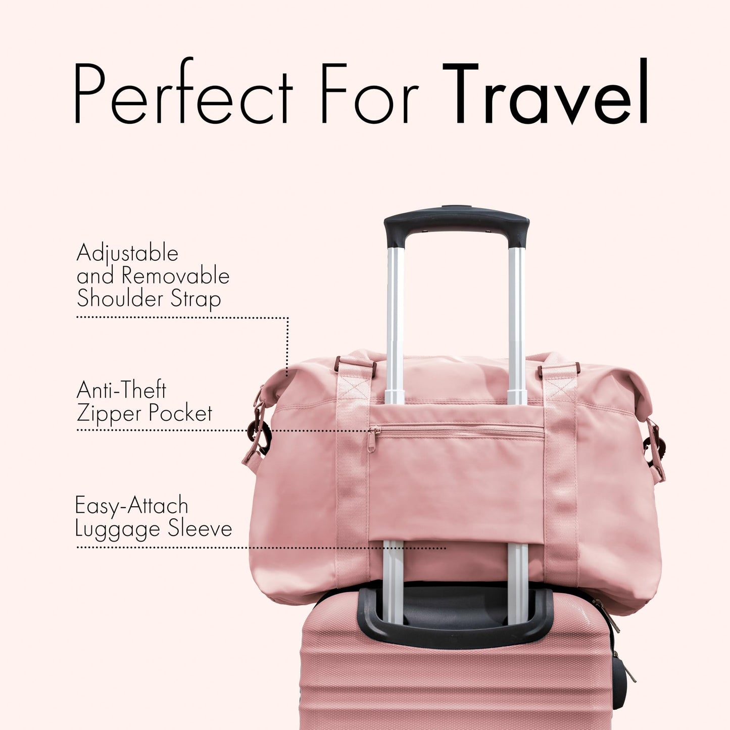 (Not Made In China) Travel Duffel Bag For Women, Carry On Bags, Overnight Weekender Duffle, Airplane Approved Underseat Tote With Shoulder Strap, Luggage Trolley Sleeve, Pink, 22in, 30L