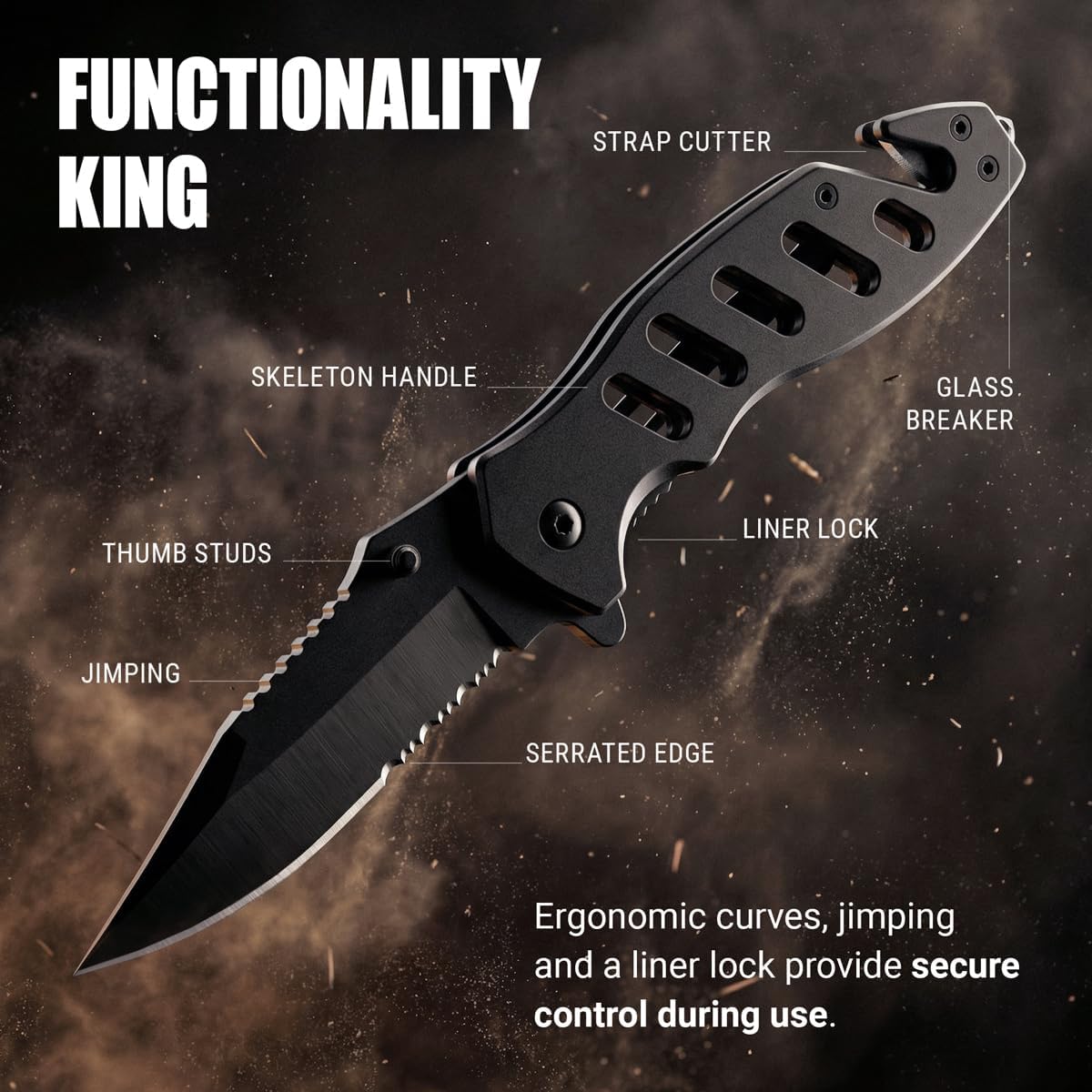 Skiennix Tactical Legal Knife - 2.68-Inch Serrated Blade | Compact Black Pocket Tool with Glass Breaker & Seatbelt Cutter - Perfect for Camping & EDC Gifts