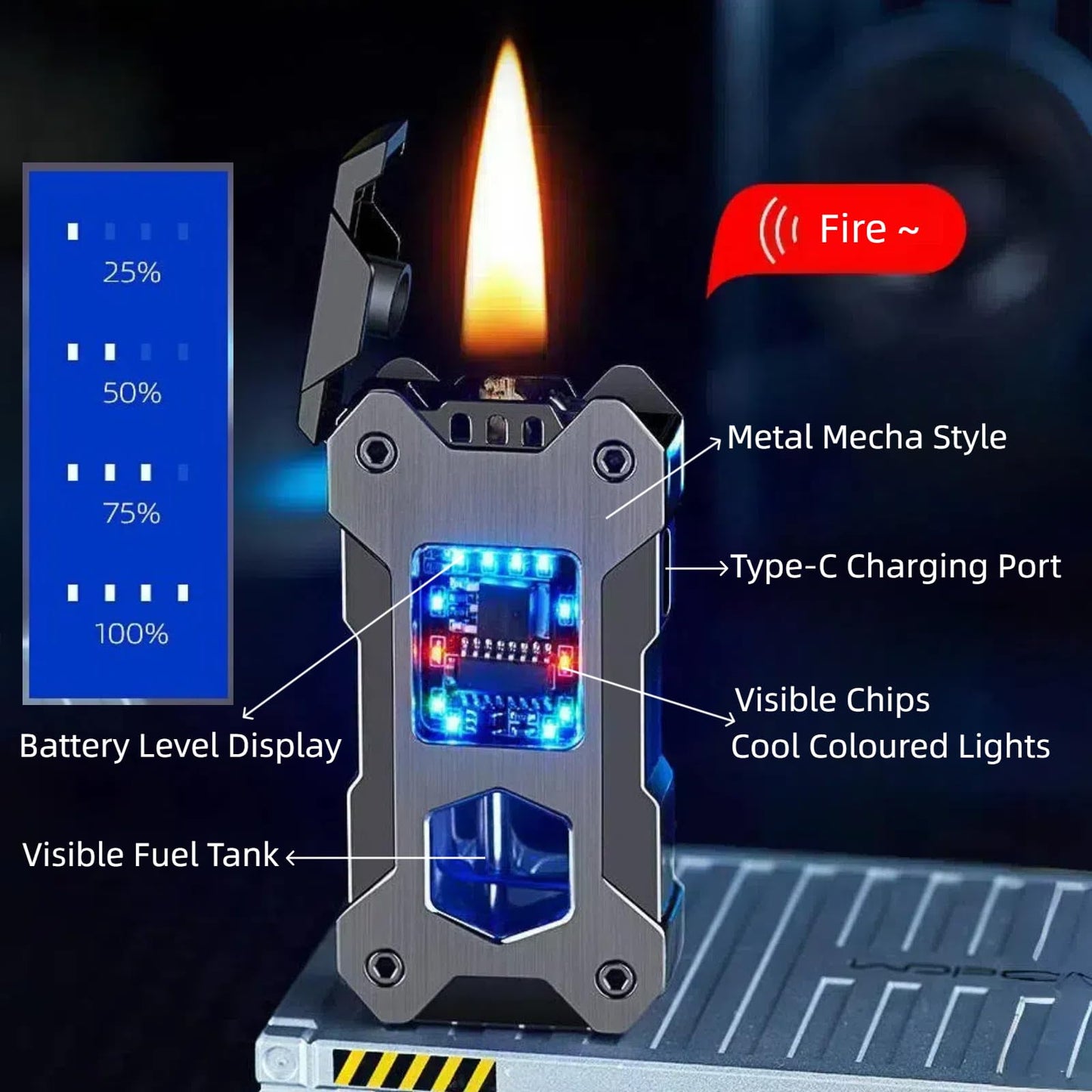 NINSI Smart Kerosene Lighter 4-Ignition Methods, Voice Activated Soft Flame Lighter, Metal Mecha Style Refillable Lighters with Cool Colorful Breathing Light (Ice Black, No Fuel)