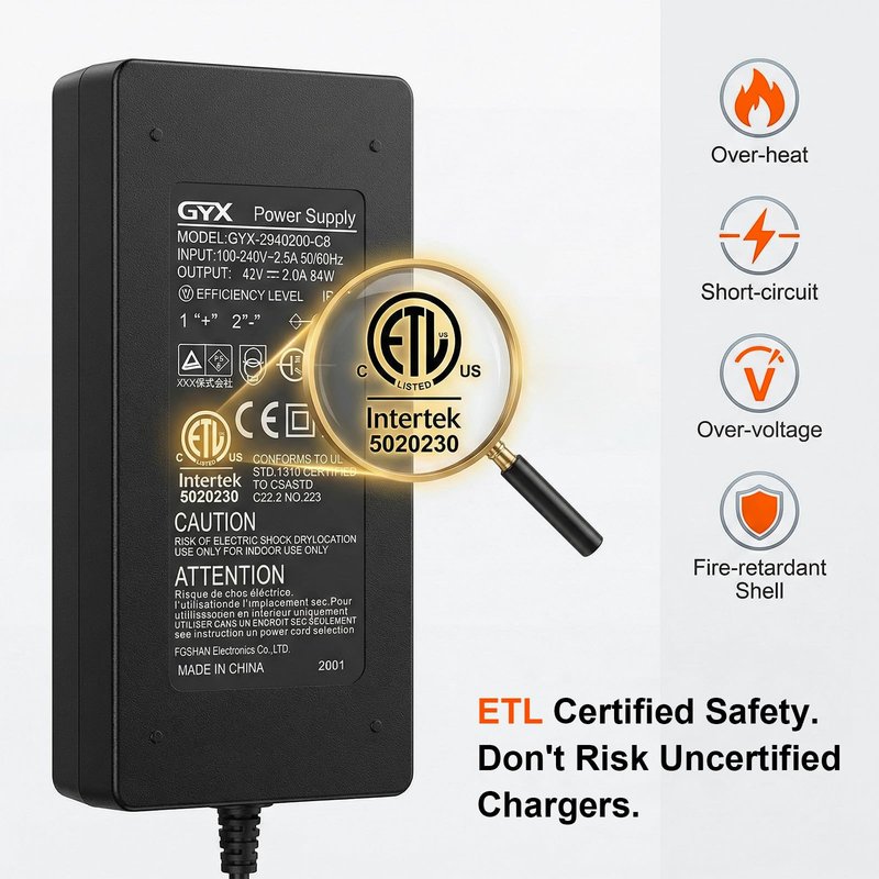 36V Lithium Battery Charger, ETL Certified 42V 2A Charger for Electric Scooter Hoverboard Ebike, Compatible with Gotrax,Jetson,Ninebot,Volpam,Segway, Sisigad,Hover 1 (for 36V Lithium Batteries only)