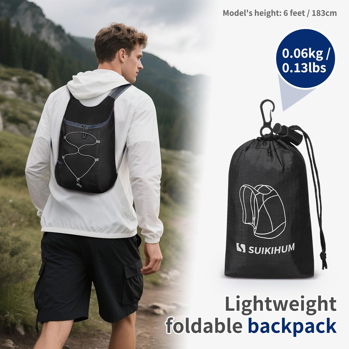 SUIKIHUM 20L Hiking-Daypack Lightweight Foldable Travel Packable Backpack for Camping Cycling Outdoor, Black