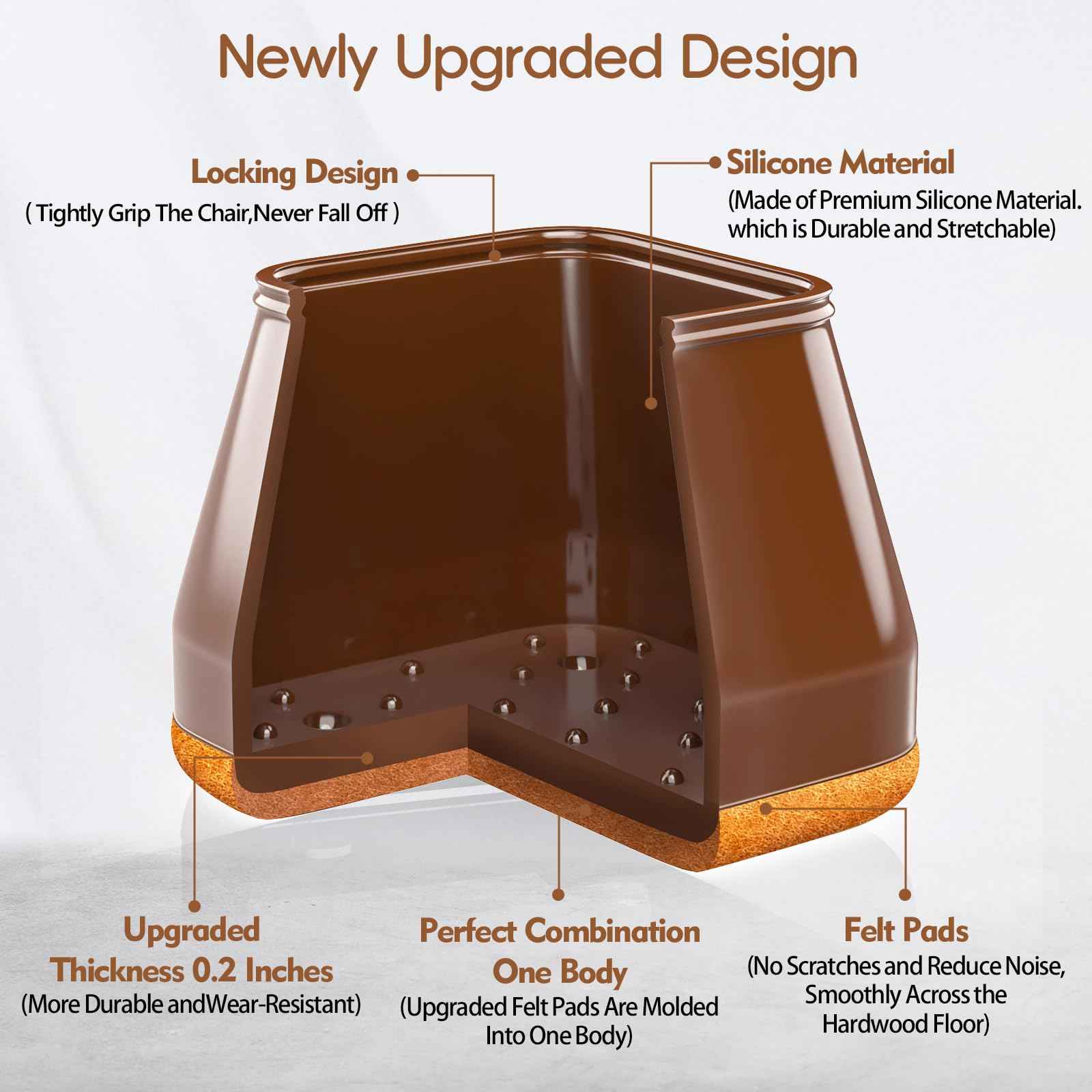 28Pcs Square Chair Leg Floor Protectors with Wrapped Felt Bottom, Silicone Chair Leg Protectors for Hardwood Floors, Chair Legs Cover Prevents Scratches & Reduce Noise (Brown S Fit 0.87"-1.10")