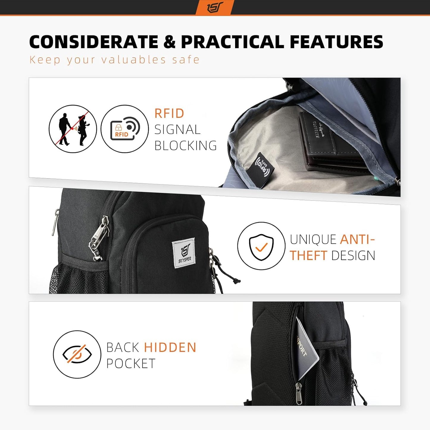 SKYSPER Sling Bag - RFID Crossbody Backpack for Men & Women | 18L Capacity, Black Color