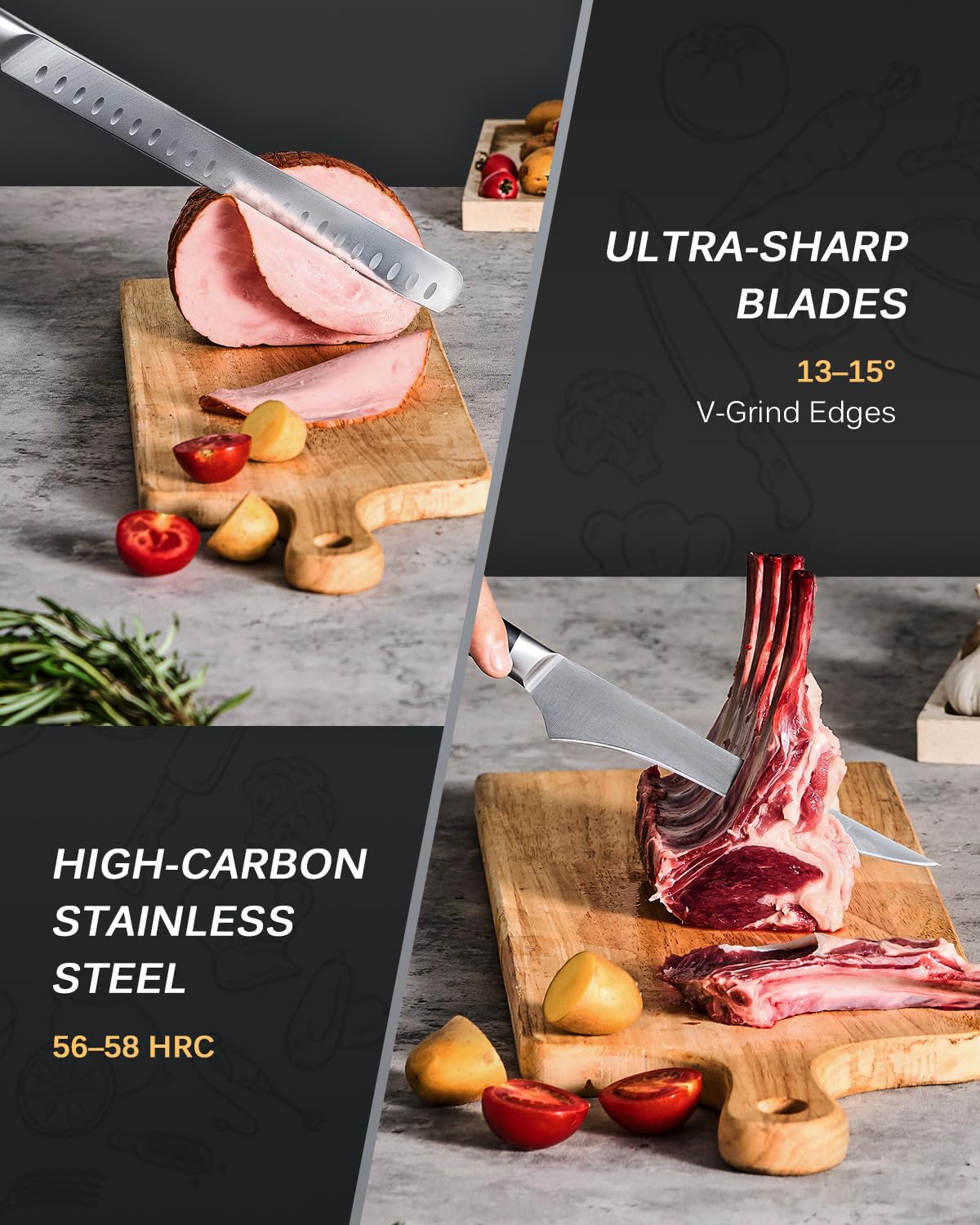 KYOKU 3pc Kitchen Knife Set, Samurai Series 6.5" Boning Knife 12" Slicing Knife 10" Butcher Knife Set, High Carbon Steel Japanese Knives with Pakkawood Handle Sheath for Meat Fruit Vegetable