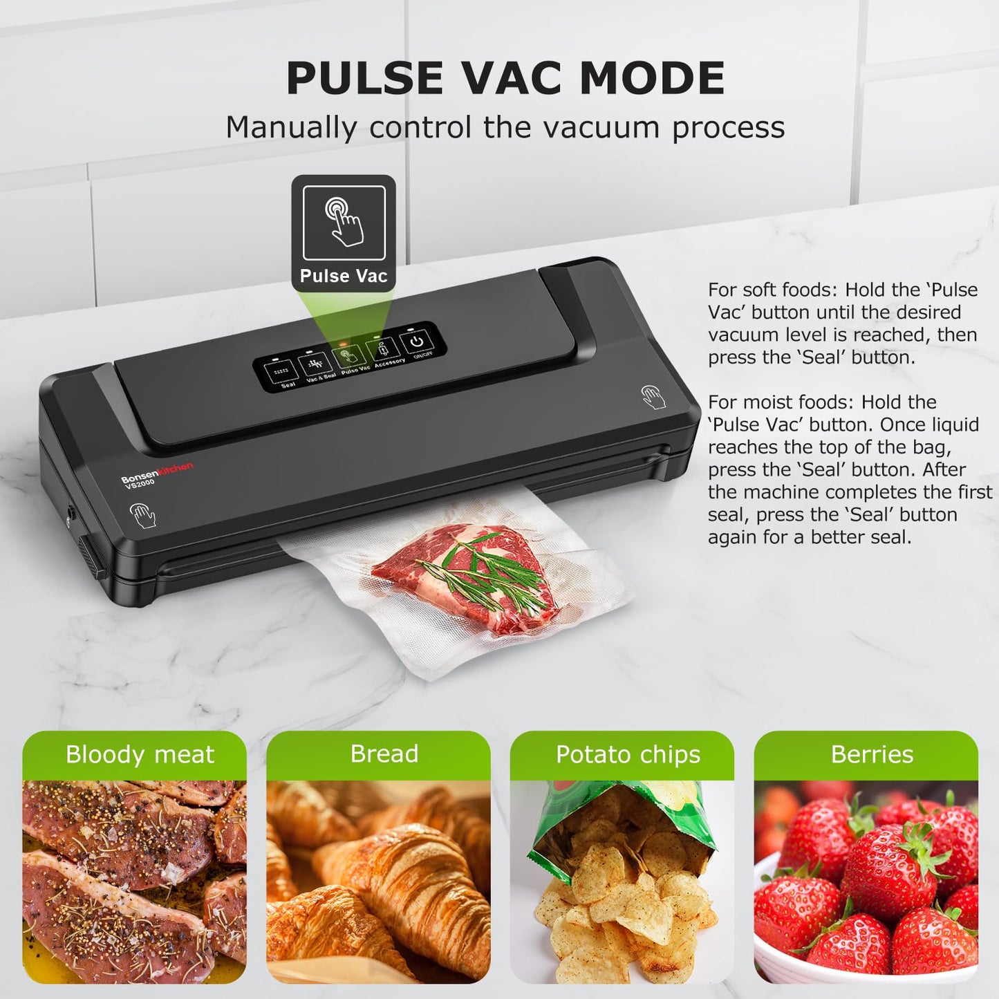 Bonsenkitchen Vacuum Sealer Machine with Bags | Compact Food Sealer for Kitchen Storage & Meal Prep | Multiple Modes | External Vacuum System