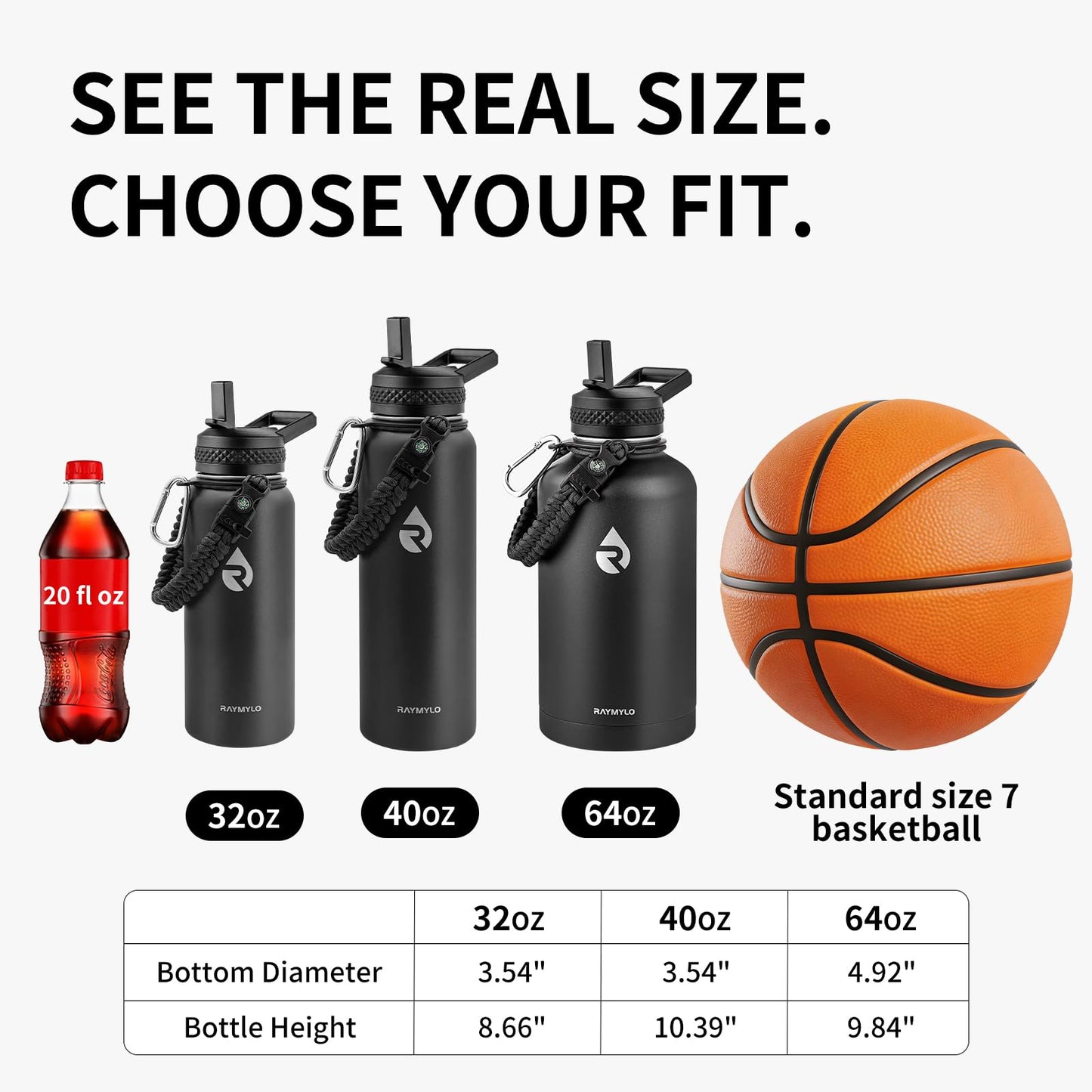 RAYMYLO Insulated Water Bottle 64 oz, Triple Wall Vacuum Stainless Steel (Cold for 48 Hrs), Leak Proof & Non-BPA, Half Gallon Water Flask Jug with Paracord Handle & Straw Spout Lids, White/Black