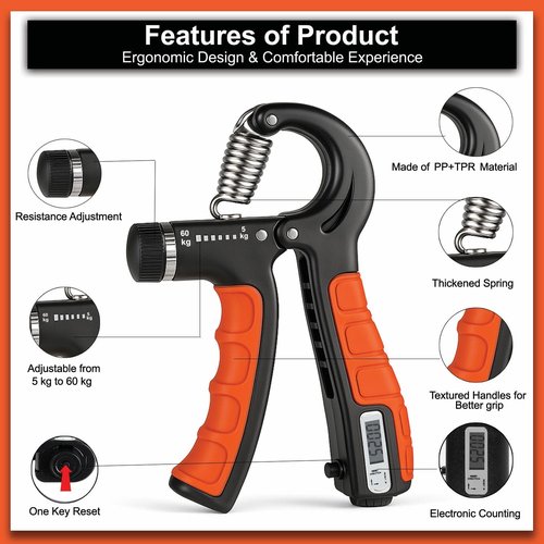 Strenvo Hand Grip Strengthener Complete Set – 12 PCS | Forearm, Finger, Wrist & Hand Exerciser Kit for Men & Women | Adjustable Resistance, Finger Stretcher, Therapy Ball & More | Home & Office Workout (Orange)