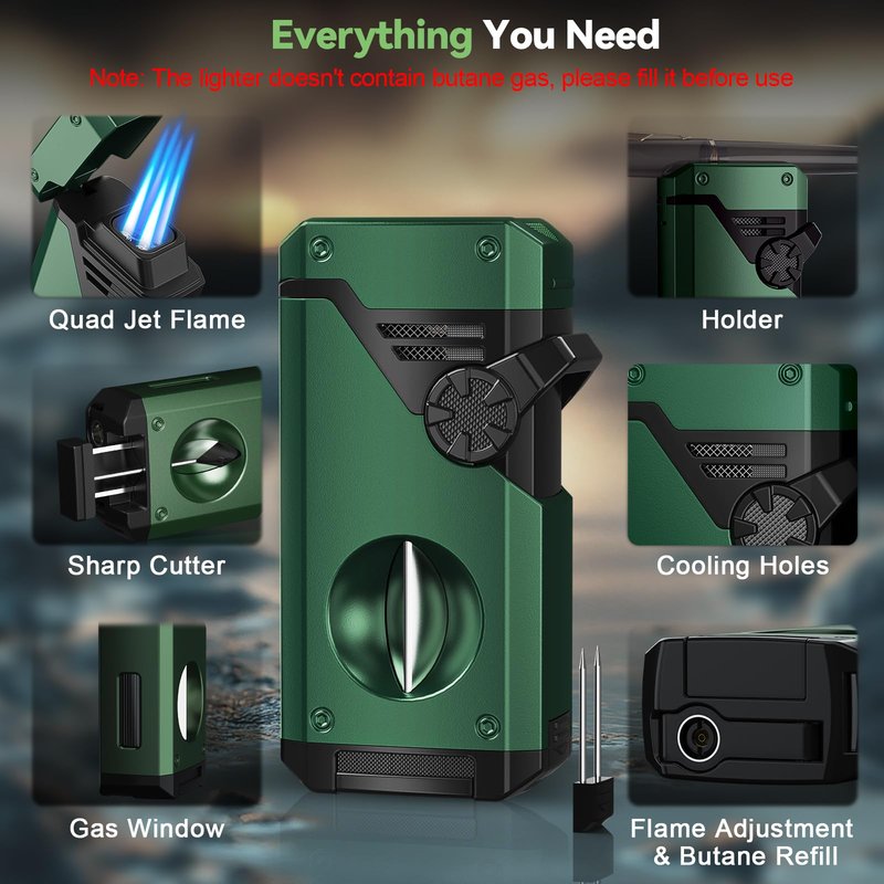 5-in-1 Torch Lighter, 4 Jet Windproof Flame with Built-in Cutter, Holder, Punch, Draw Enhancer Tool, Refillable Butane Torch Lighters, Multi-Functional Accessories, Gifts for Men, Lighters for Candle