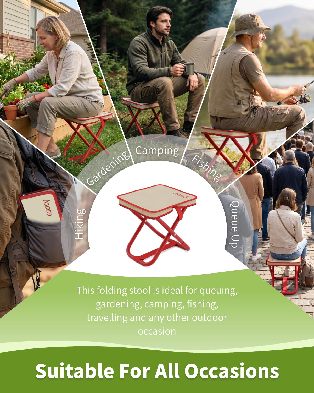Anmiro Portable Folding Camping Stool, 12.6 Inch Lightweight Mountaineering Hiking Stool, Outdoor Beach Fishing Garden Foldable Stool with Carry Bag, Supports Up to 200LB