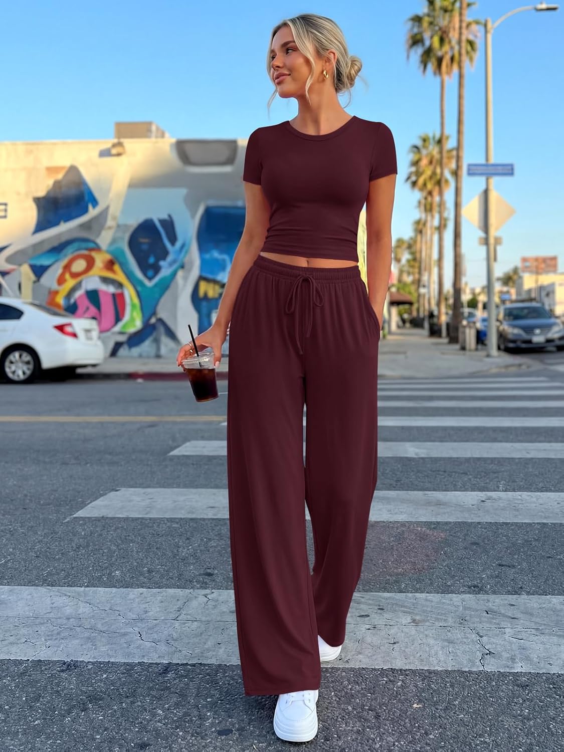 Trendy Queen 2 Piece Summer Sweatsuit - Women's Side Ruching Top & Wide Leg Pants Set with Pockets