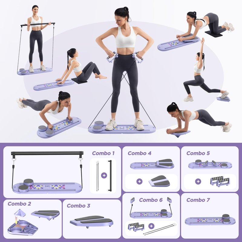 Pilates Board, Portable Pilates Reformer Equipment with Timer, 7-in-1 Foldable Pilates Machine for Home Workout, Multi-Purpose Pilates Equipment at Home, Office