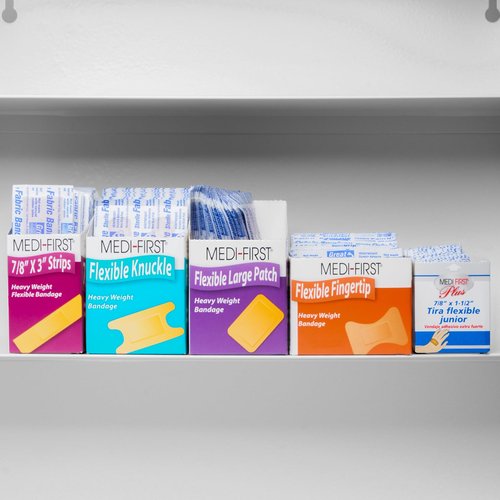 MFASCO Medifirst Bandage Assortment - Variety Pack of Adhesive Bandages, Including Knuckle & Finger - Refill Pack for Workplace First Aid Kits - Fabric Bandages - Ideal for refilling Industrial Kits