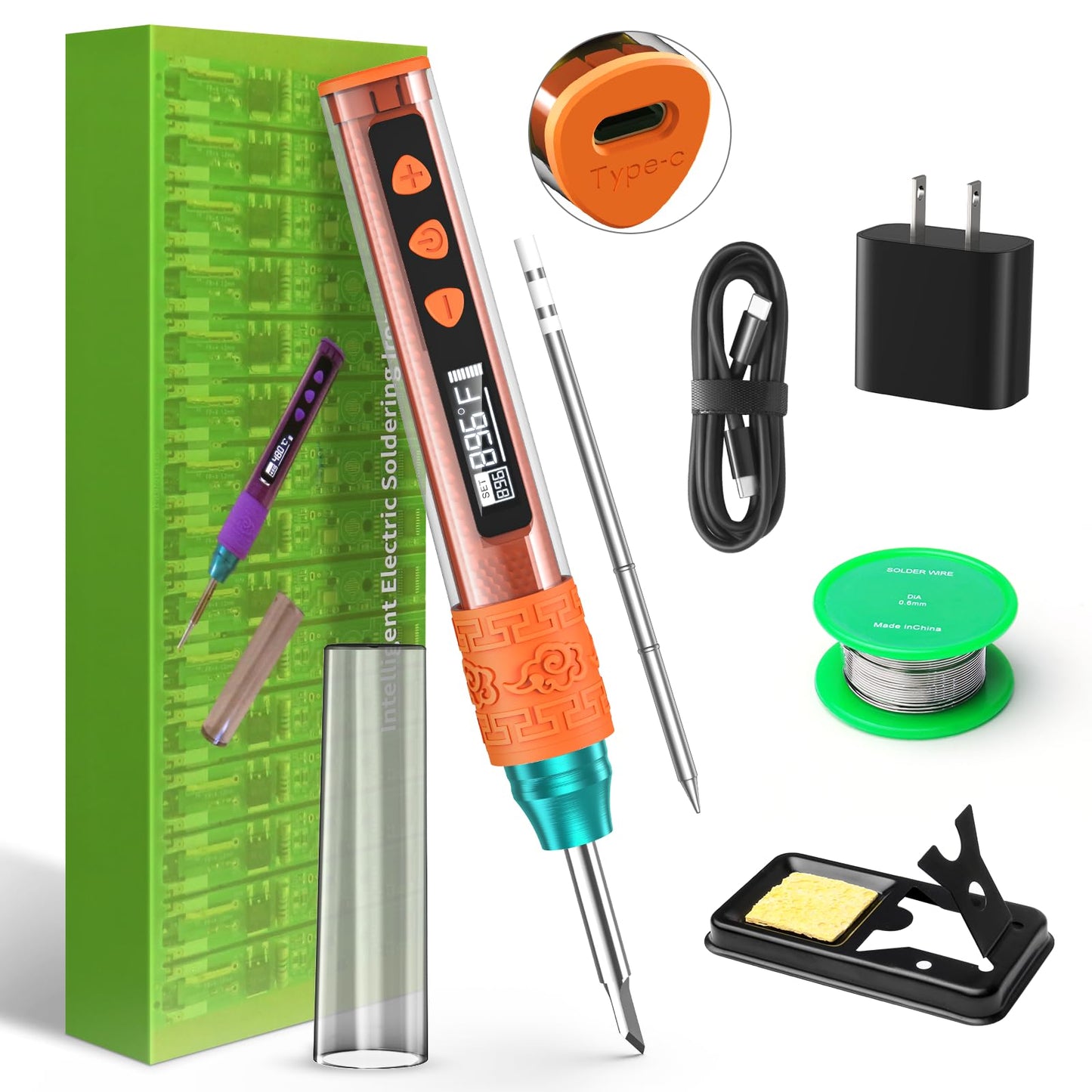Soldering Iron Kit, Soldering Gun with OLED Digital Display, 8 Seconds Fast Heating 356-896℉ Solder Kit, Auto Sleep, Includes Solder Wire, Stand, T12 Tips for Electronics, Orange(With Power Adapter)
