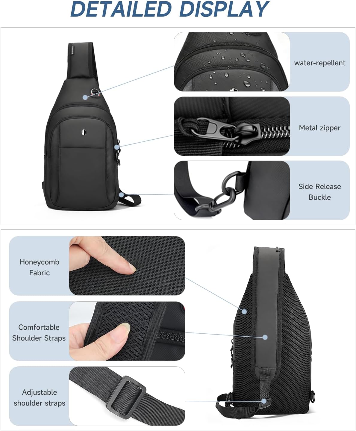 Skiennix Anti-Theft Sling Bag - Water Resistant Crossbody Backpack for Travel & Hiking | Fits iPad Mini & Switch 2 - Black, Medium, Lightweight Design with Built-in Audio Port