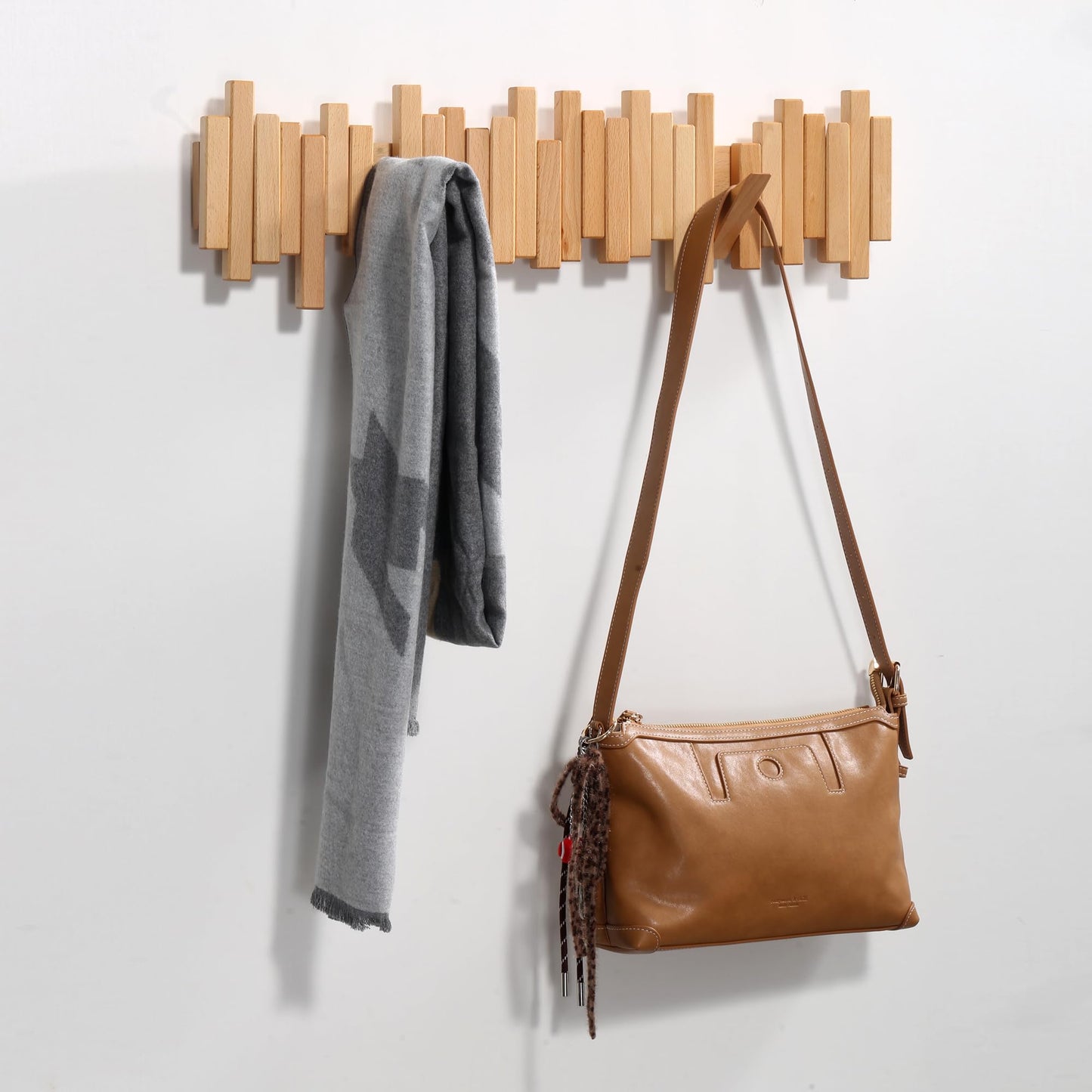 Acsigesn Wooden Coat Rack Wall Mounted Sticks Multi Rack Solid Handmade Natural Beech Wood Artwork with 6 Flip-Down Unique Modern Hooks for Coats Bag Hat Umbrella