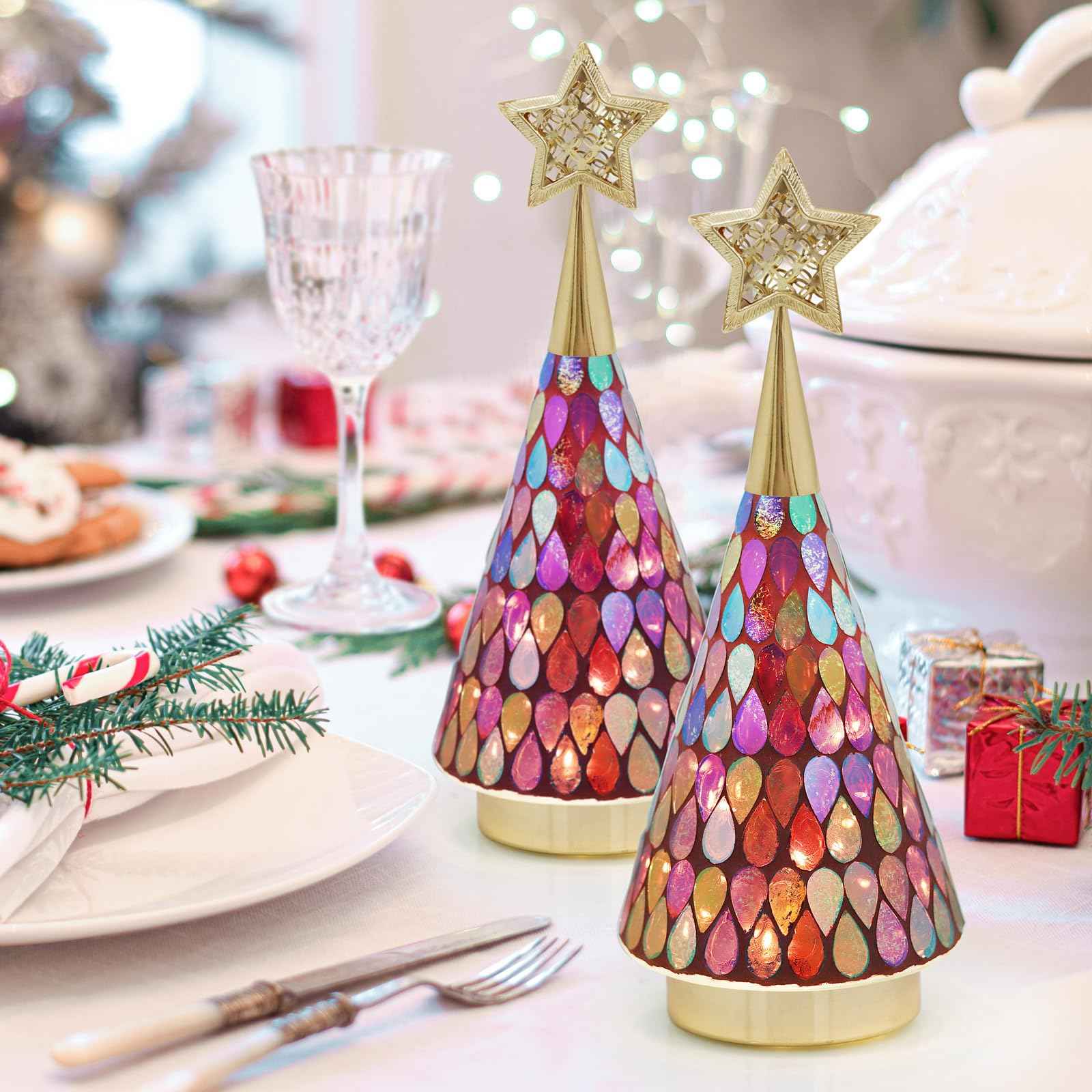 Small Red Glass Christmas Trees, 3 PCS Handmade Mosaic Glass Table top Christmas Trees with Light, Battery Operated Xmas Tree for Bedroom Decor 11"