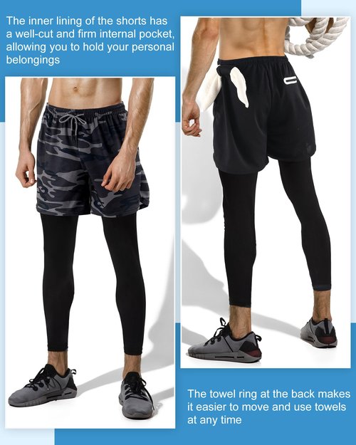 Cutecrop 3 Pcs Men's 2 in 1 Athletic Running Pants Quick Dry Gym Workout Compression Pants with Pockets Towel Loop(Multicolor,L)