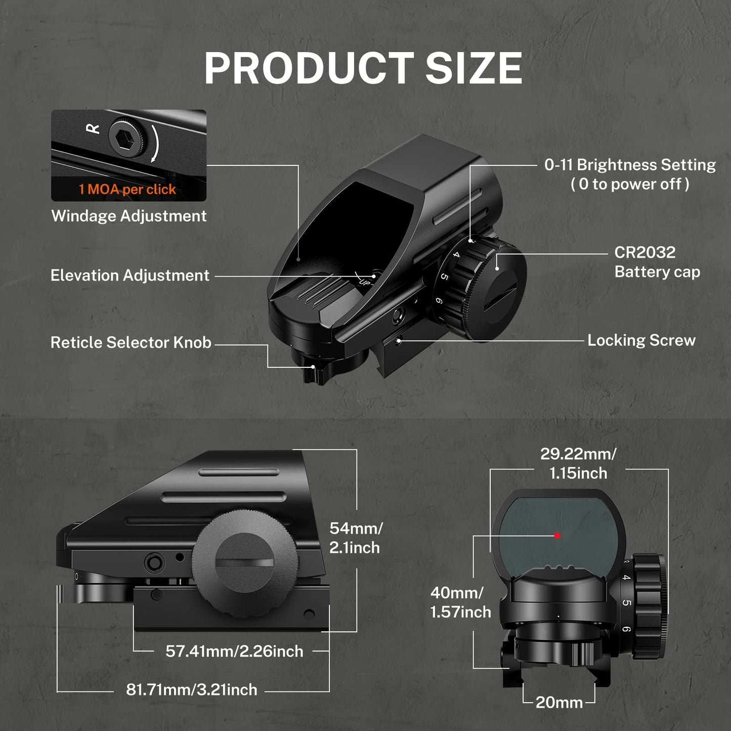 EZshoot Reflex Sight with 4 Reticles Red Dot Sight, Reflex Holographic Optic Scope with 20mm Rail Mount ，Absolute Co-Witness
