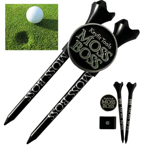 Keyfit Tools Moss Boss Golf Divot Ball Mark Repair Tool 4 in 1 Tool Uses 2 Tees & A Ball Marker As A Repair Tool ~Save Space in Your Pocket ~No Need to Carry a Divot Tool ~Club Holder
