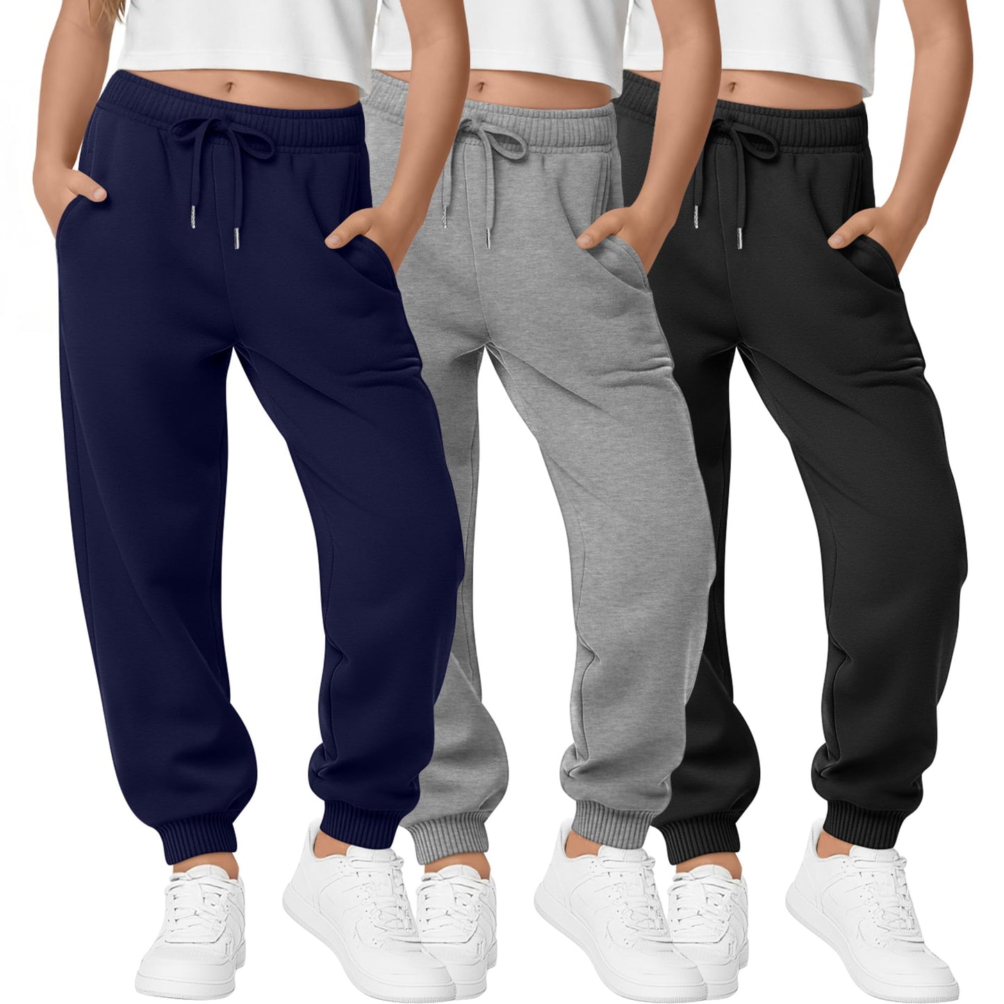 LessonZoo 3 Pack Girls Sweatpants Joggers Baggy Lightweight Athletic Running Drawstring Pants for Teen with Pocket Size 5-16(Navy Blue, Light Gray, Black,Large)