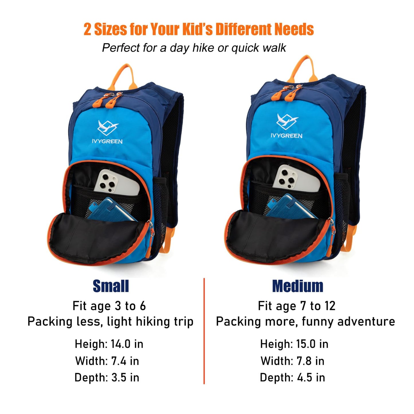 Ivygreen Kids Hydration Backpack, Hiking Backpack for Boys or Girls with 1.5L Water Bladder (Blue - Small)