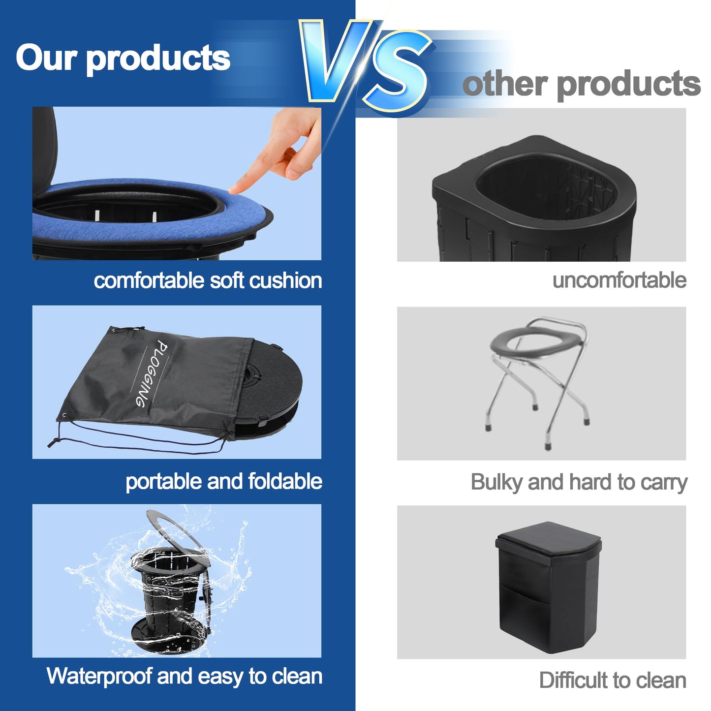 Upgraded Retractable Portable Toilet with Cushion, Adjustable Height Camping Toilets with Lid for Adults and Kids, Compact Portable Potty for Camping, Car, Travel, Boat, Tent and Emergency Use
