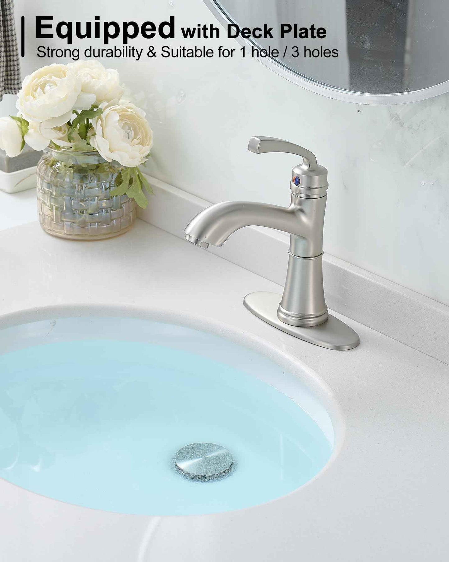 HEYMYTAP Brushed Nickel Bathroom Faucet Single Handle, Brass Bathroom Vanity Faucet 4 Inch Bathroom Sink Faucet 1 Hole or 3 Holes, Bathroom Faucets with Deck Plate & Pop-up Drain, No Noise