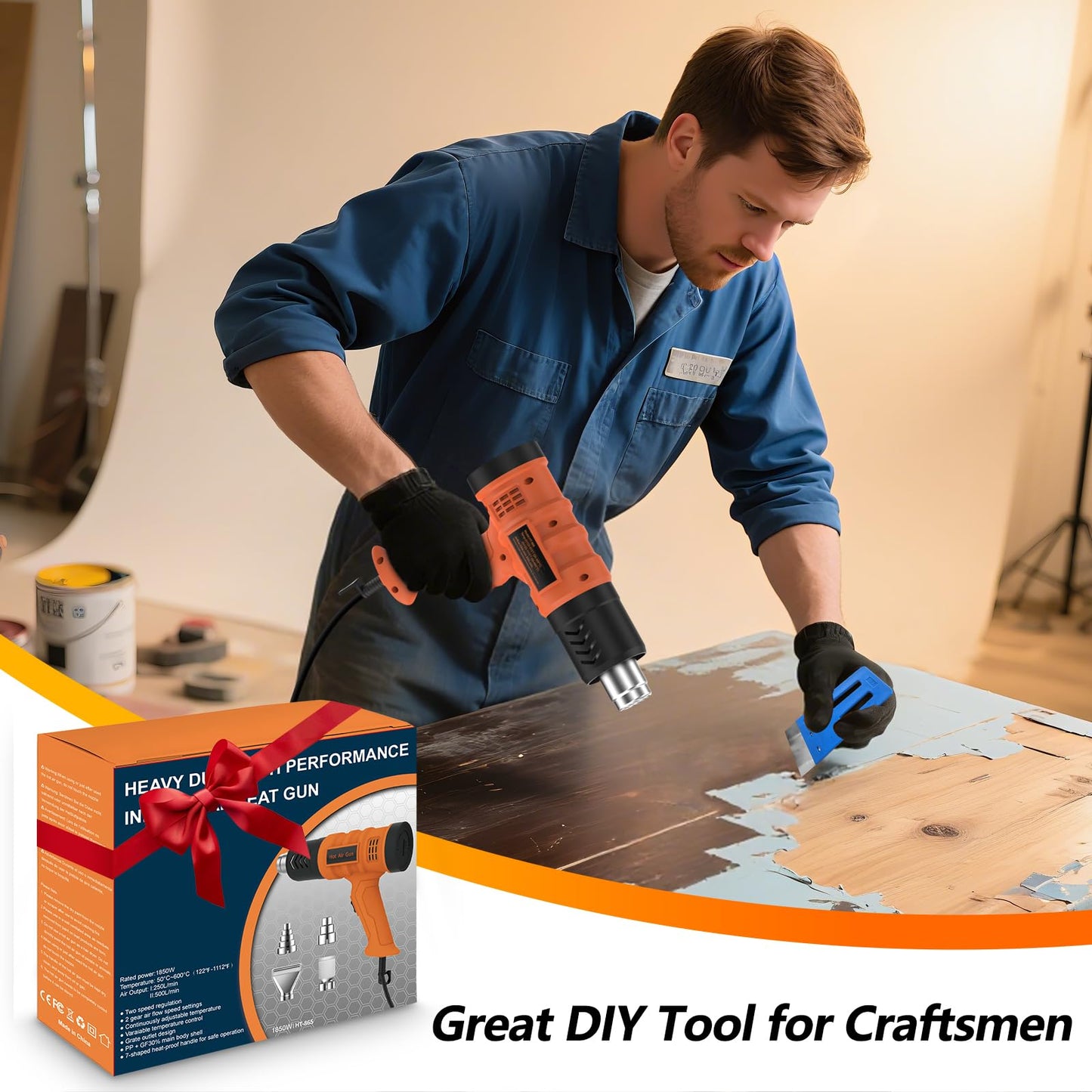 Heat Gun 1850W 1.5s Fast Heat Heavy Duty Hot Air Gun Good Temp Control 122℉-1112℉(50-600℃）Overheat Protection 2 Speed with 4 Nozzles for DIY Craft Shrink PVC Tubing Vinyl Wrap Stripping Paint Resin