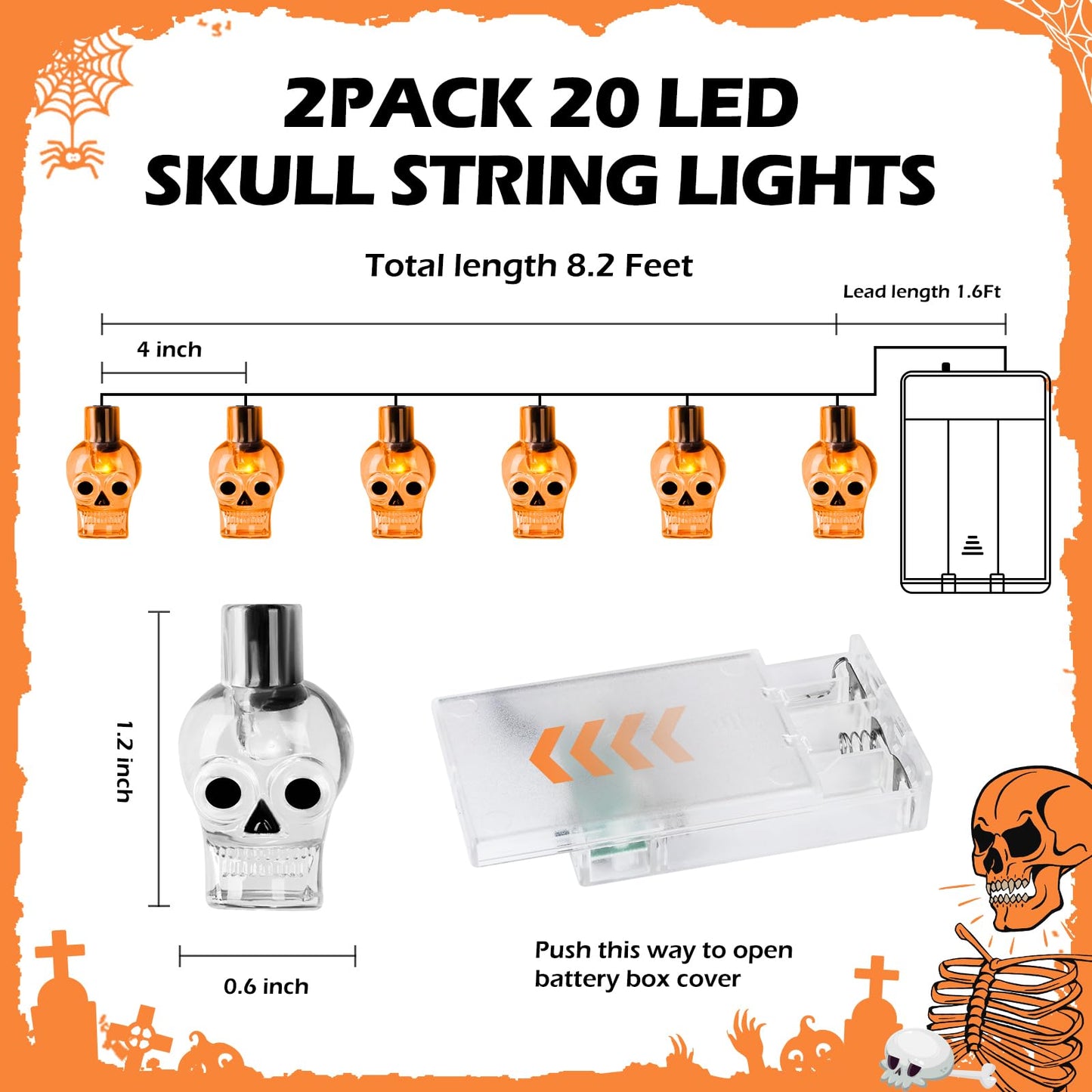 RECESKY 2Pack 20 LED Orange Skull String Lights with Timer - Total 13Ft Battery Powered Halloween String Light - Spooky Lighting for Outside Home Bedroom Dorm Classroom Halloween Decorations