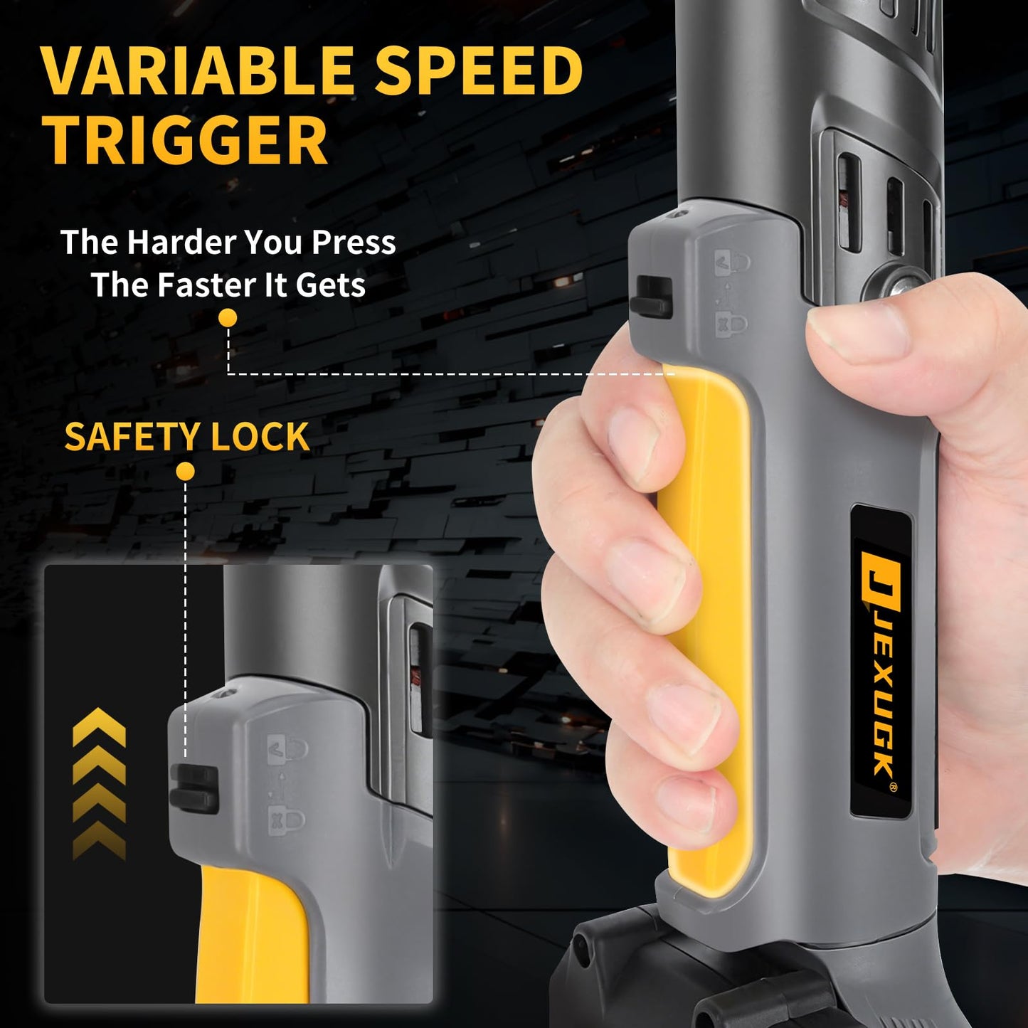 JEXUGK 120Nm Cordless Ratchet Wrench, 3/8" 89 FT-LBS Brushless Ratchet Set with 2 x 2.0A Battery, 21V Electric Matraca Electrica with Variable Speed 7Sockets,1/4" Adapter,1/2" Adapter,3" Extension Bar