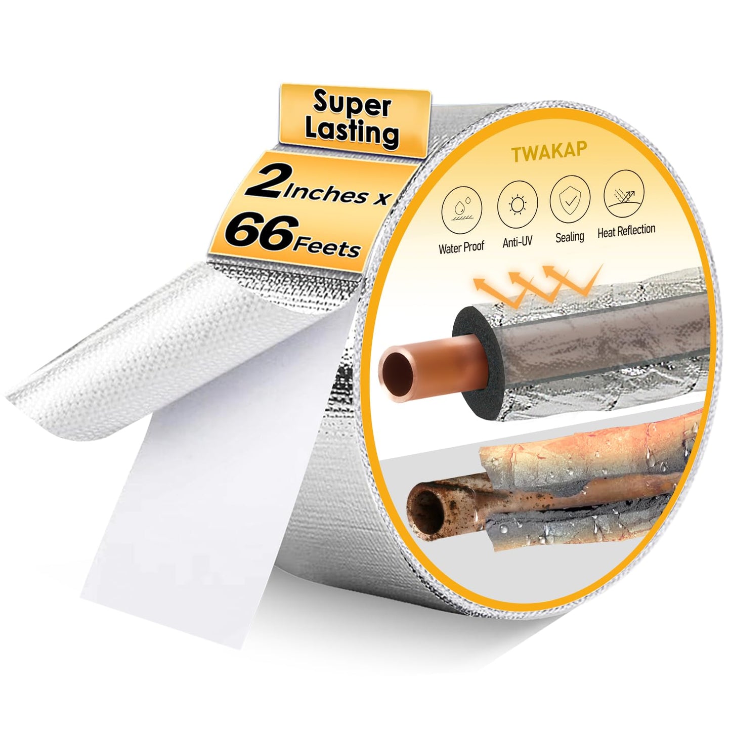 TWAKAP Super Age-Resistant AC Pipe Foam Insulation Tube Wrap Foil Fiberglass Tape,Add Weather-Resistant Layer For Pipe Insulation Foam Tube, Reflect 95%Thermal for HVAC Pipe,Window AC unit side panel