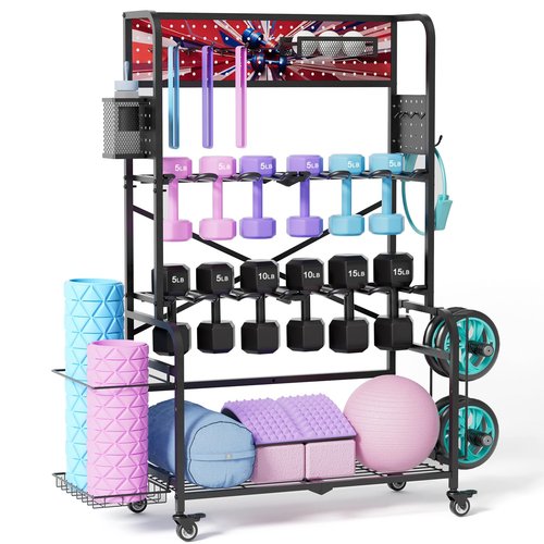 YiiMeeCoo Home Gym Storage System with Wheels, Vertical Dumbbell Rack and Workout Equipment Organizer, All-in-One Fitness Storage for Dumbbells, Kettlebells, Yoga Mats, Balls and Accessories, Steel